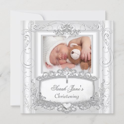 Baby Girl or Boy Christening Baptism Silver White Announcement