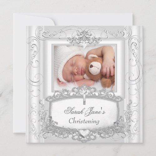 Baby Girl or Boy Christening Baptism Silver White Announcement