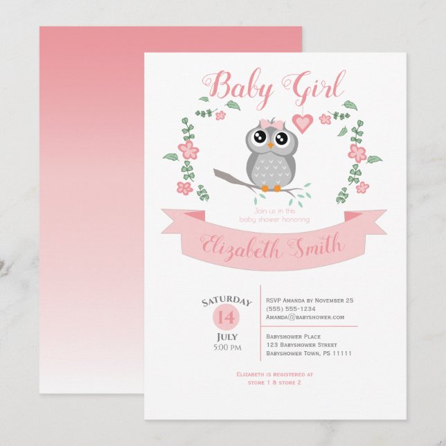 Baby Girl owl bear babyshower Invitation (Front/Back)
