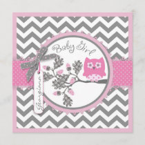 Baby Girl Owl Chevron Print Baby Shower Invitation