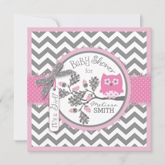 Baby Girl Owl Chevron Print Baby Shower Invitation (Front)