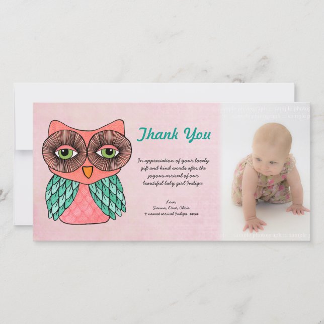 Baby Girl Owl Thank You Photo Template Photocard (Front)