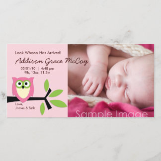 Baby Girl Owl Theme Birth Announcement Photo Card