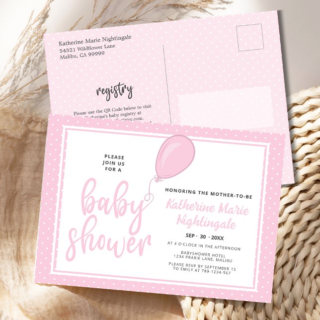 Baby Girl Pastel Pink Baby Shower Invitation Postcard (Pastel Pink Polka Dots Baby Shower Postcard Invitation with balloon, registry.)