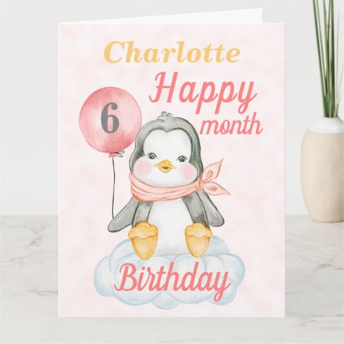 Baby Girl Penguin 6 Month Birthday Big Card