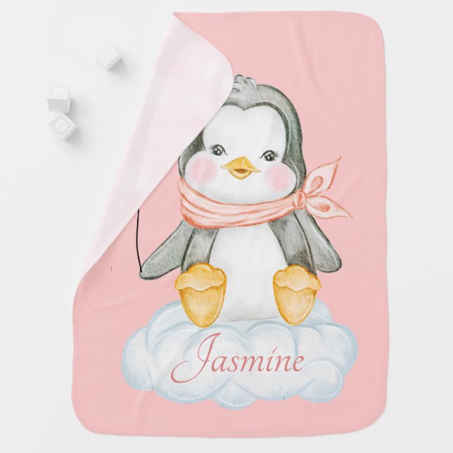 Baby Girl Penguin On A Cloud Personalized Blanket (In Situ)