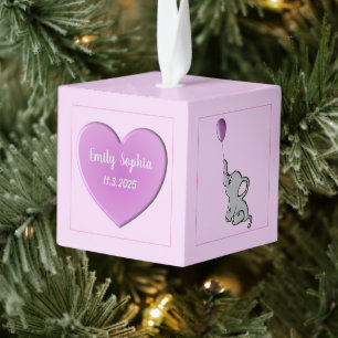 Baby Girl Personalized Heart and Elephant  Cube Ornament