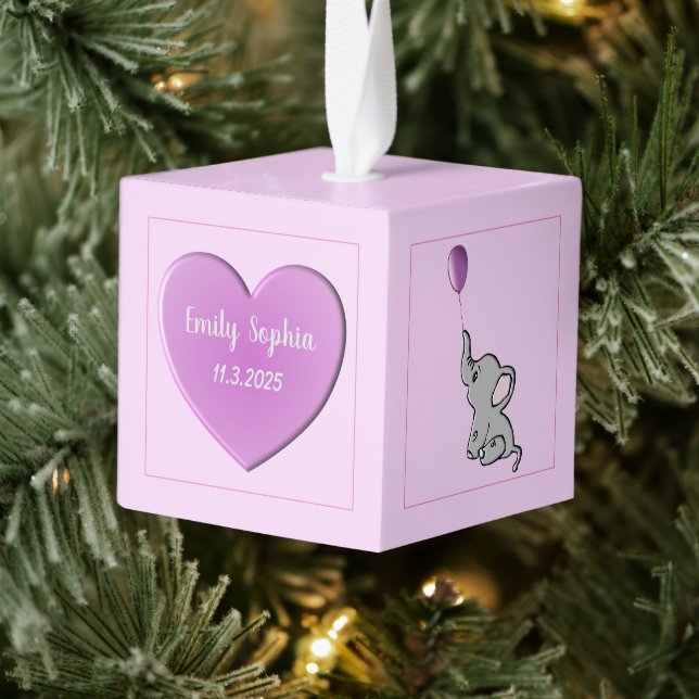 Baby Girl Personalized Heart and Elephant  Cube Ornament (Tree)