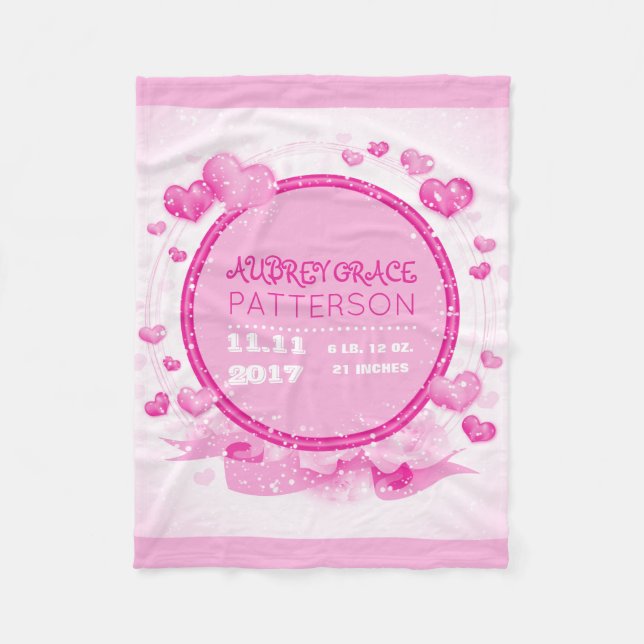 Baby Girl Personalized | Pink Hearts Nursery Fleece Blanket (Front)
