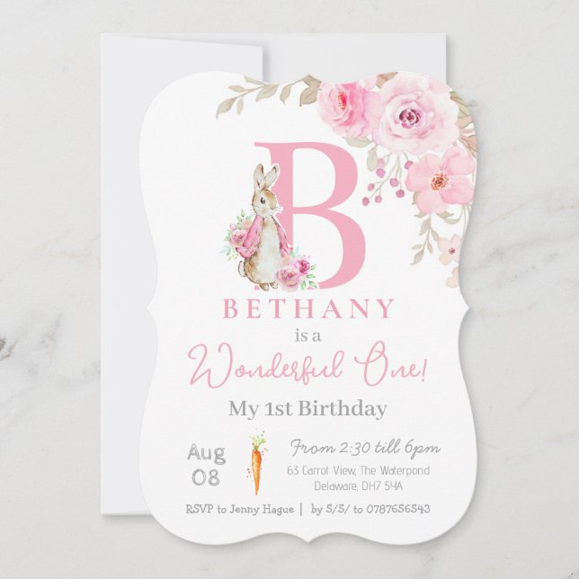 Baby girl peter rabbit 1st birthday, pink monogram invitation (Front)