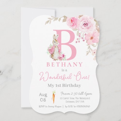 Baby girl peter rabbit 1st birthday pink monogram invitation