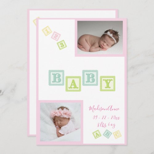 Baby Girl Photo ABC Blocks Pink Newborn Birth Announcement