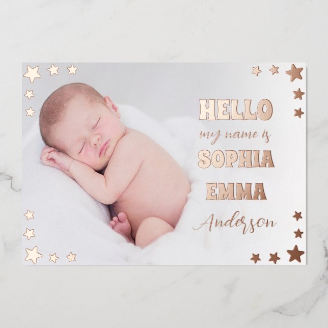 Baby Girl Photo Birth Announcement: Script & Stars Foil Invitation (Front)