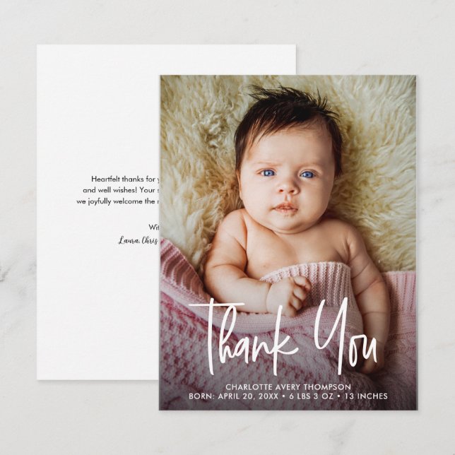 Baby Girl Photo Birth stats Modern Handlettering Thank You Card (Front/Back)