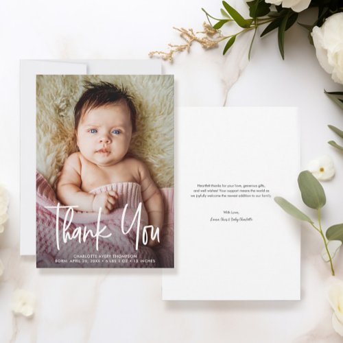 Baby Girl Photo Birth stats Modern Handlettering Thank You Card