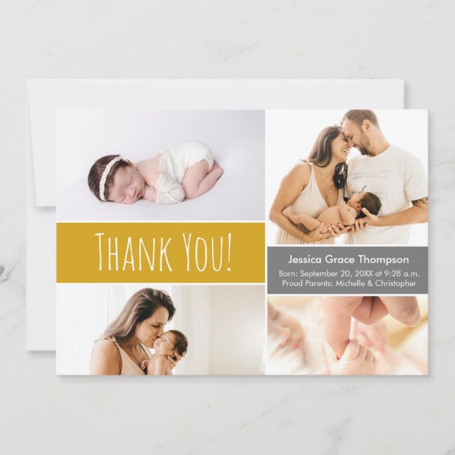 Baby Girl Photo Collage Mustard Yellow Thank You Card (Front)