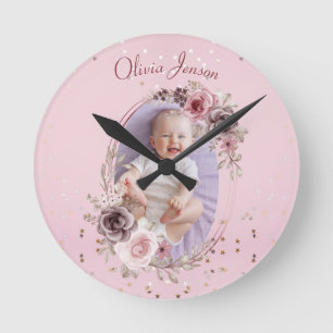 Baby Girl Photo Cute Elegant Modern Pink floral Round Clock