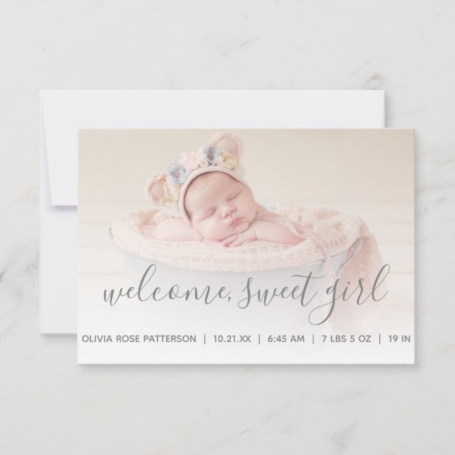 Baby Girl Photo Gray Quatrefoil Birth Announcement (Front)