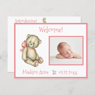 Baby Girl Photo Pink Typography Name Stats Announcement Postcard