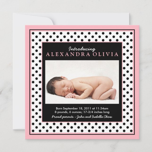 Baby Girl Photo Polka Dot Birth Announcement (Front)
