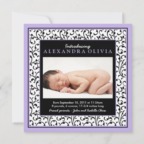 Baby Girl Photo Purple Damask Birth Announcement
