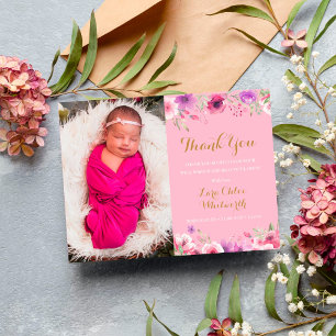 Baby Girl Photo Script Thank You Floral Pink Birth Announcement Postcard