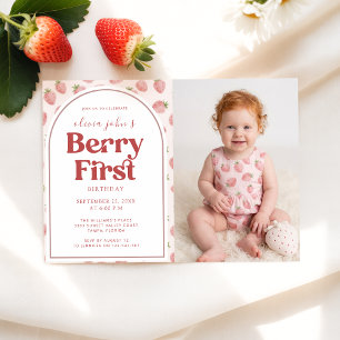 Baby Girl Photo Strawberry Berry First Birthday Invitation