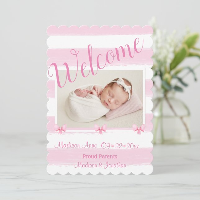 Baby Girl Photo Welcome Script Girly Birth Announcement (Standing Front)