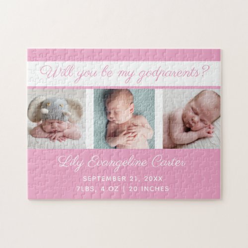 Baby Girl Photo Will You Be My Godparents Pink Jigsaw Puzzle