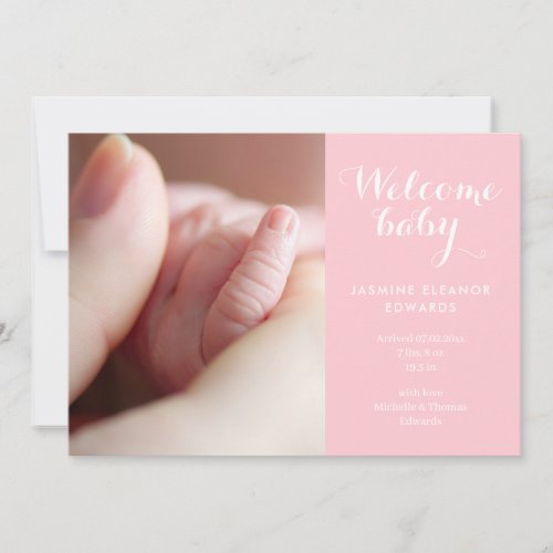 Baby Girl Photos Monogram Pink Script Birth Announcement