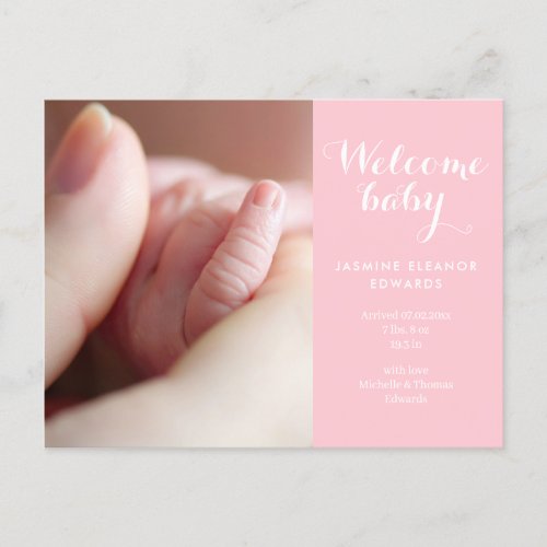 Baby Girl Photos Script Monogram Pink Birth Announcement Postcard