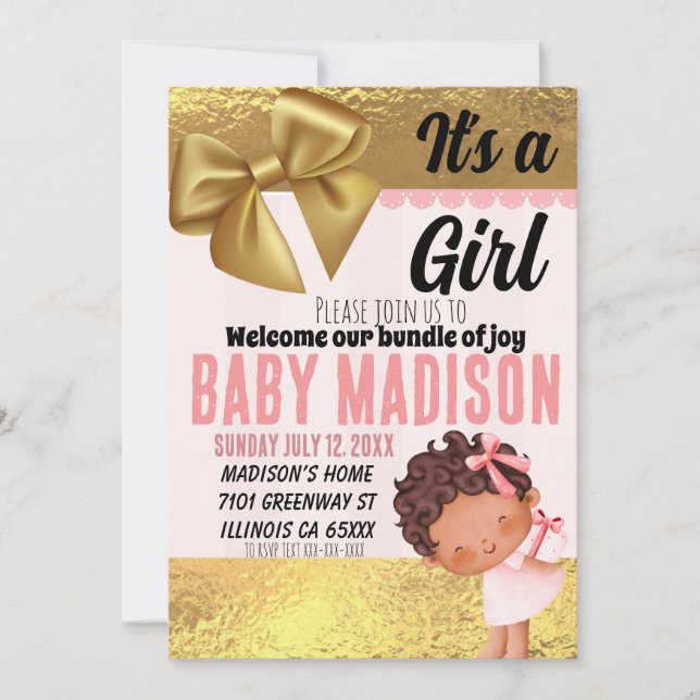 Baby girl pink and Gold Babyshower Invitation  (Front)