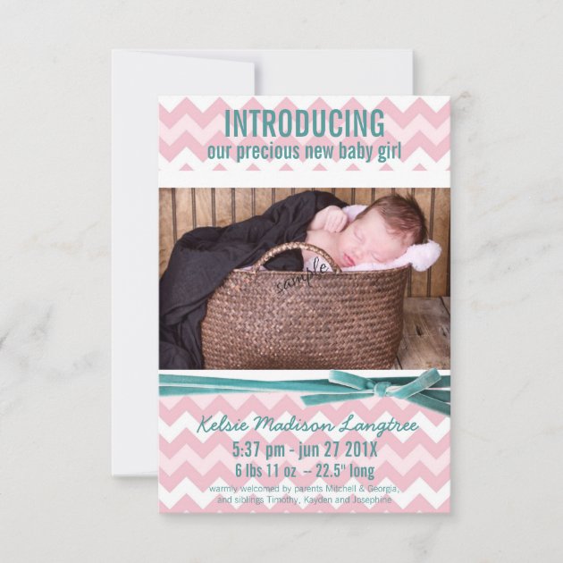 Baby Girl Pink And Teal Chevron Photo Announcement