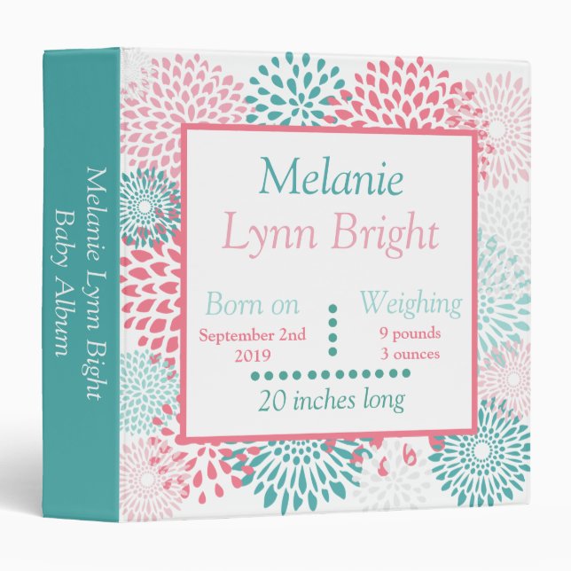 Baby Girl Pink and Teal Floral Keepsake Album 3 Ring Binder (Front/Spine)