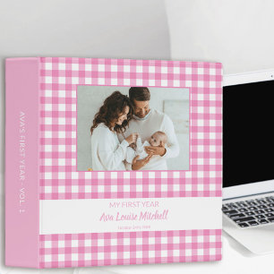 Baby Girl Pink and White Gingham Check Photo Album 3 Ring Binder