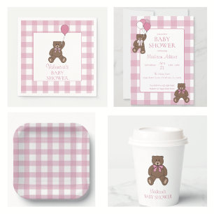 Baby Girl Pink and White Teddy Bear Baby Shower Invitation