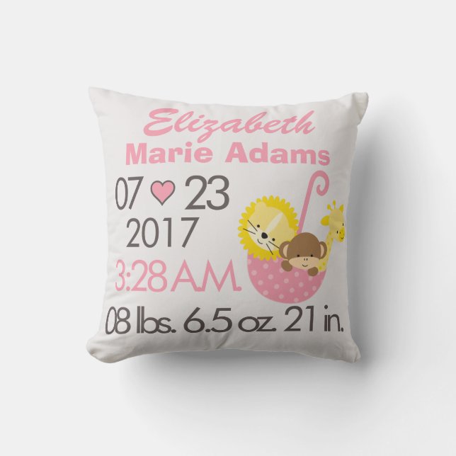 Baby Girl Pink Animal Polka Dot Birth Date Time Throw Pillow (Front)