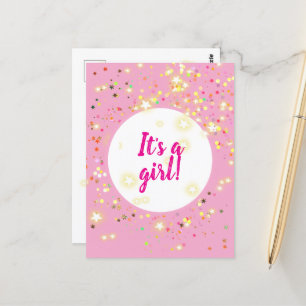 Baby Girl Pink Announcement with Stars and Lights Postcard