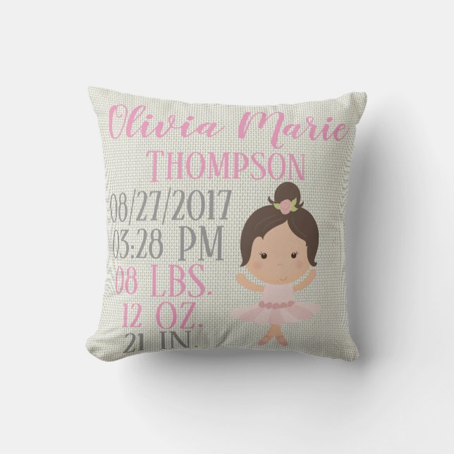 Baby Girl Pink Ballerina Ballet Dancer Birth Throw Pillow (Front)