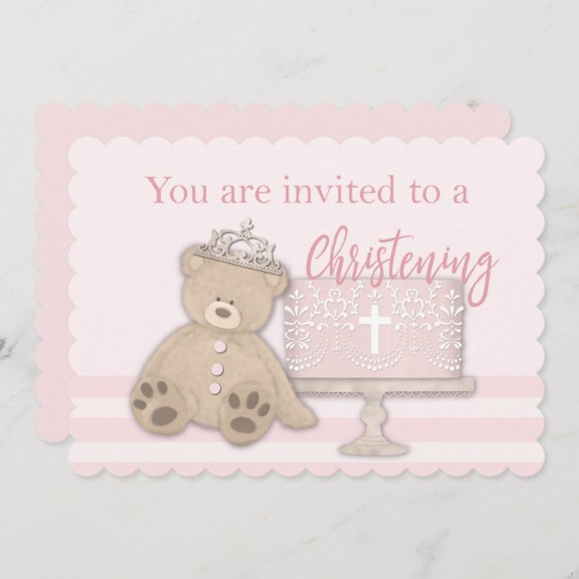 Baby Girl Pink Baptism Invitation Cake Teddy Bear (Front/Back)