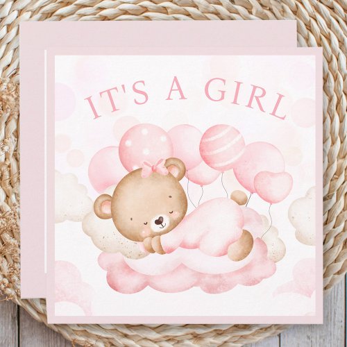 Baby Girl Pink Bear Announcement Card
