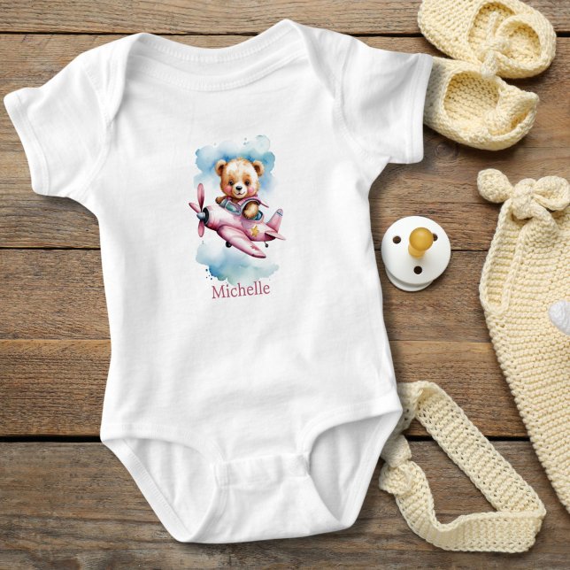 Baby Girl Pink Bear in Airplane Baby Gift Bodysuit (Baby Girl Bear Flying Pink Airplane, Personalized Body suit. Baby Shower gift, new baby girl gift)
