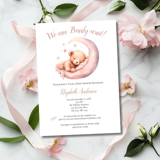 Baby Girl Pink Bear Moon Bearly Wait Baby Shower  Invitation (Pink Baby Girl Baby Shower Invitation Bearly Wait Bear sleeping in moon. Printed or digital download)
