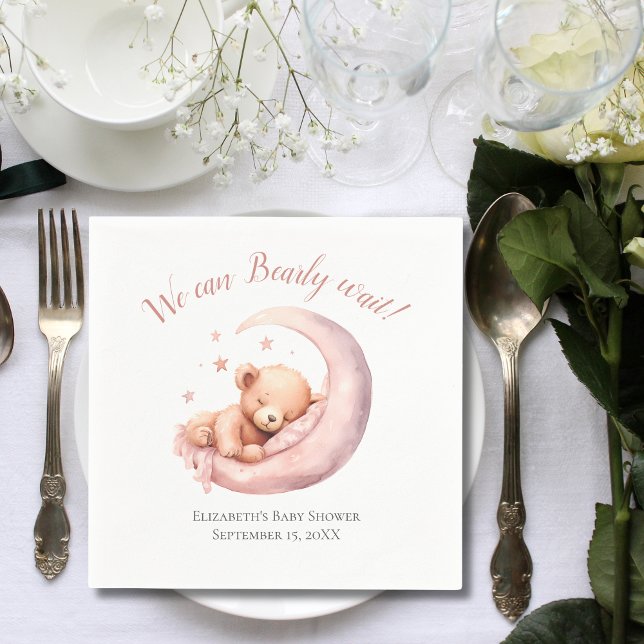 Baby Girl Pink Bear Moon Bearly Wait Baby Shower  Napkins (Baby Girl Baby Shower Napkin. 
 We can Bearly Wait. Bear sleeping in crescent moon. Pink)