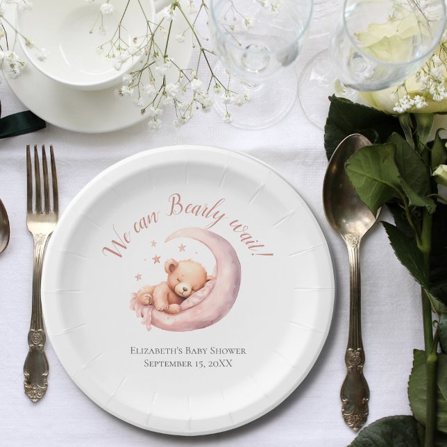 Baby Girl Pink Bear Moon Bearly Wait Baby Shower  Paper Plates (Girl Baby Shower  We Can Bearly Wait Personalized paper plates. Bear sleeping in moon Pink)