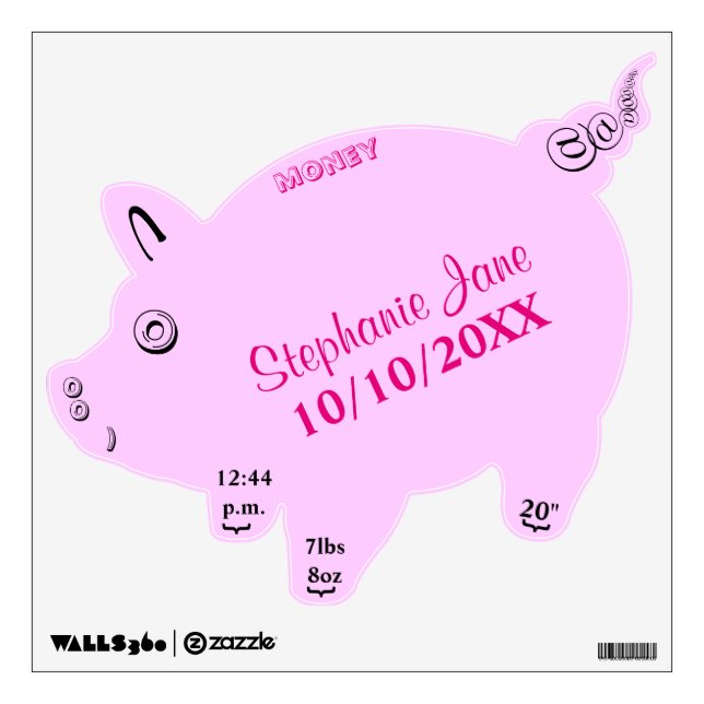Baby Girl Pink Birth Piggy Bank Baby Stats Wall Decal (Front)