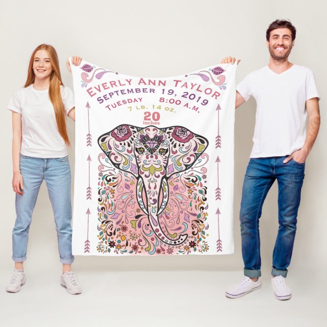 Baby Girl Pink Birth Record Stats Elephant Tribe Fleece Blanket (In Situ)