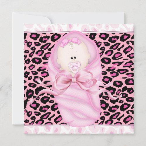 Baby Girl Pink Black Leopard Baby Girl Shower Announcements