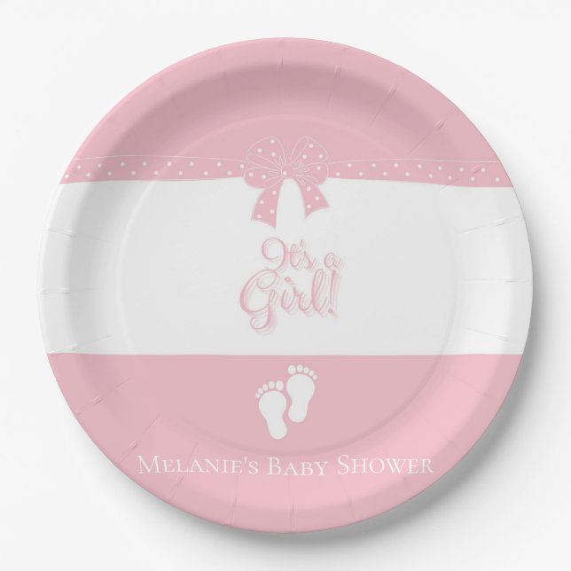 Baby Girl Pink Bows & Little Feet Custom Paper Plates (Front)