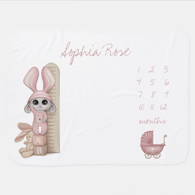 Baby Girl Pink Bunny Baby Milestone Blanket (Horizontal)